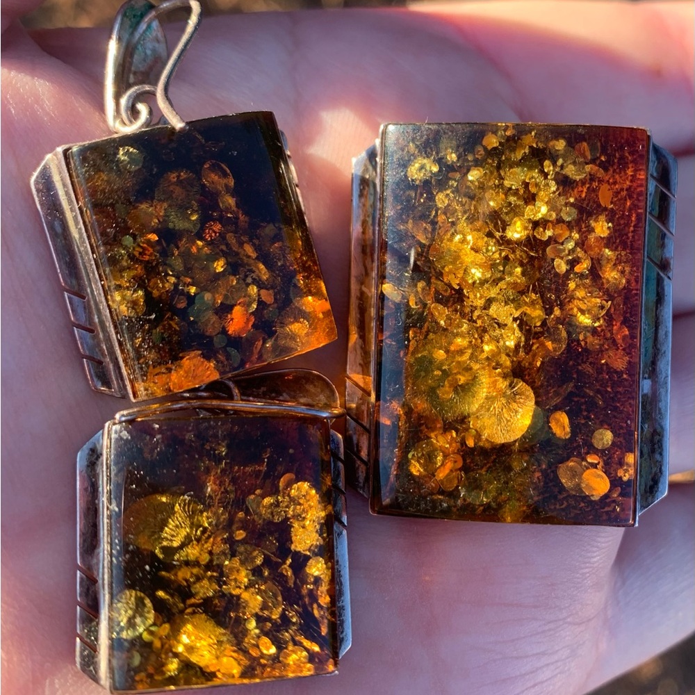 Vintage Amber Pendant (Brooch) and Earrings Set in Sterling Silver